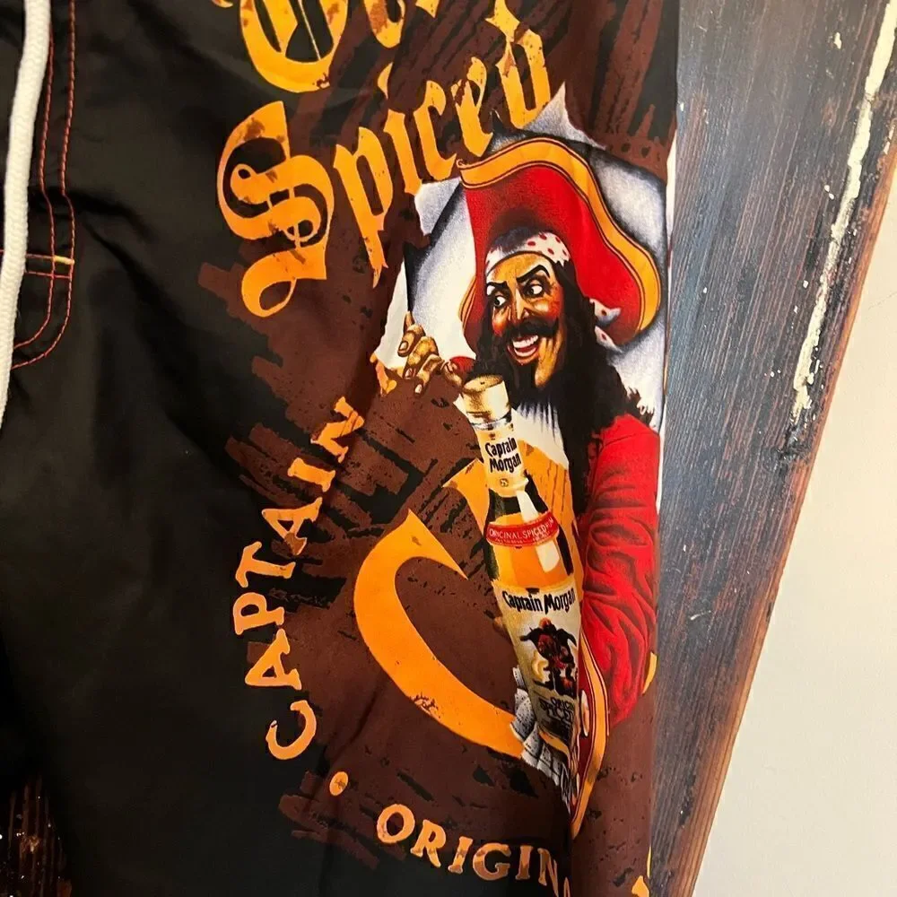 Captain Morgan Swim Trunks Mens 30 Black Orange Graphic Print Board Shrots Cargo